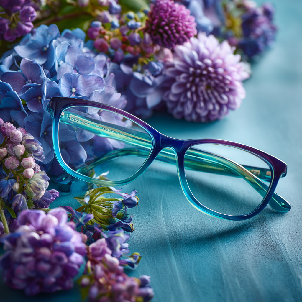 glasses on teal background with puprle flowers
